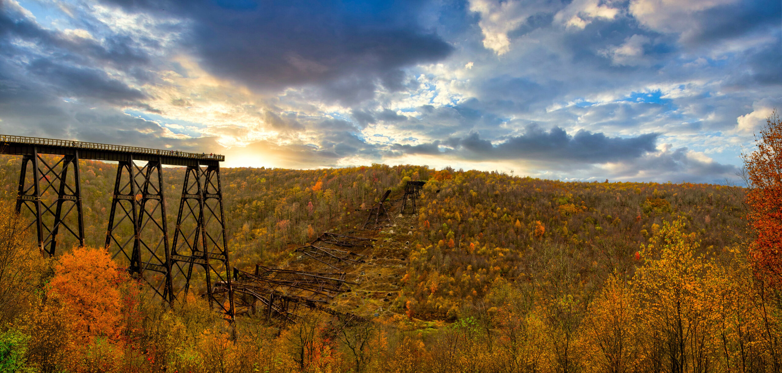 A panoramic shot of a beautiful Kinzua Bridge State Park in Pennsylvania, US in autumn
