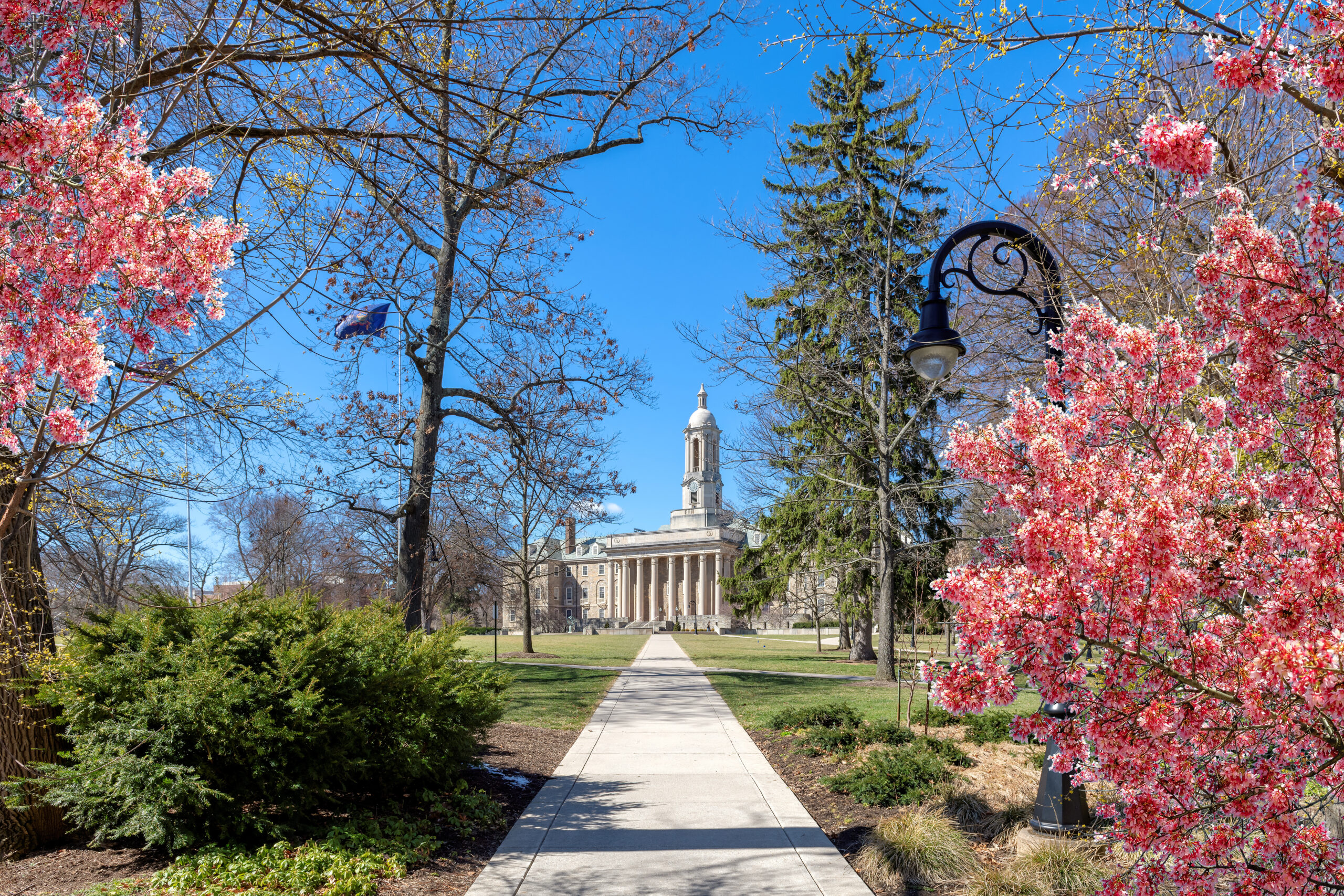 The campus of Penn State University with spring flowers in sunny day, State College, Pennsylvania.